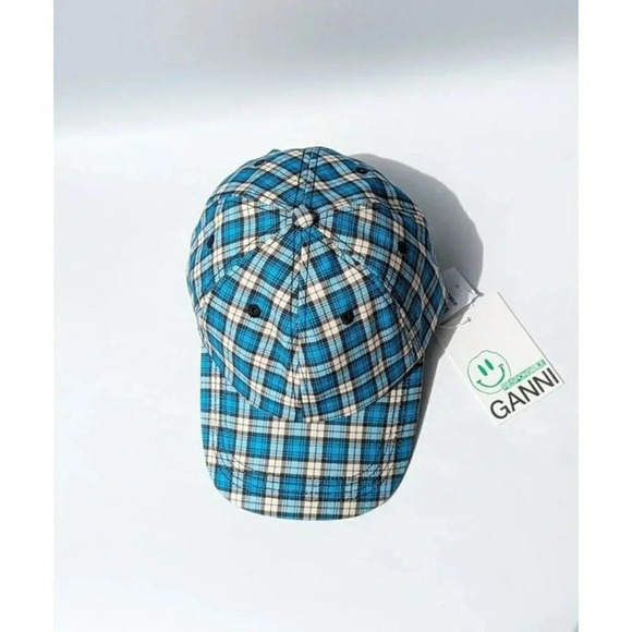 Ganni Unisex Cotton Canvas Baseball Cap Check Azure Blue (MSRP $95) main image 6
